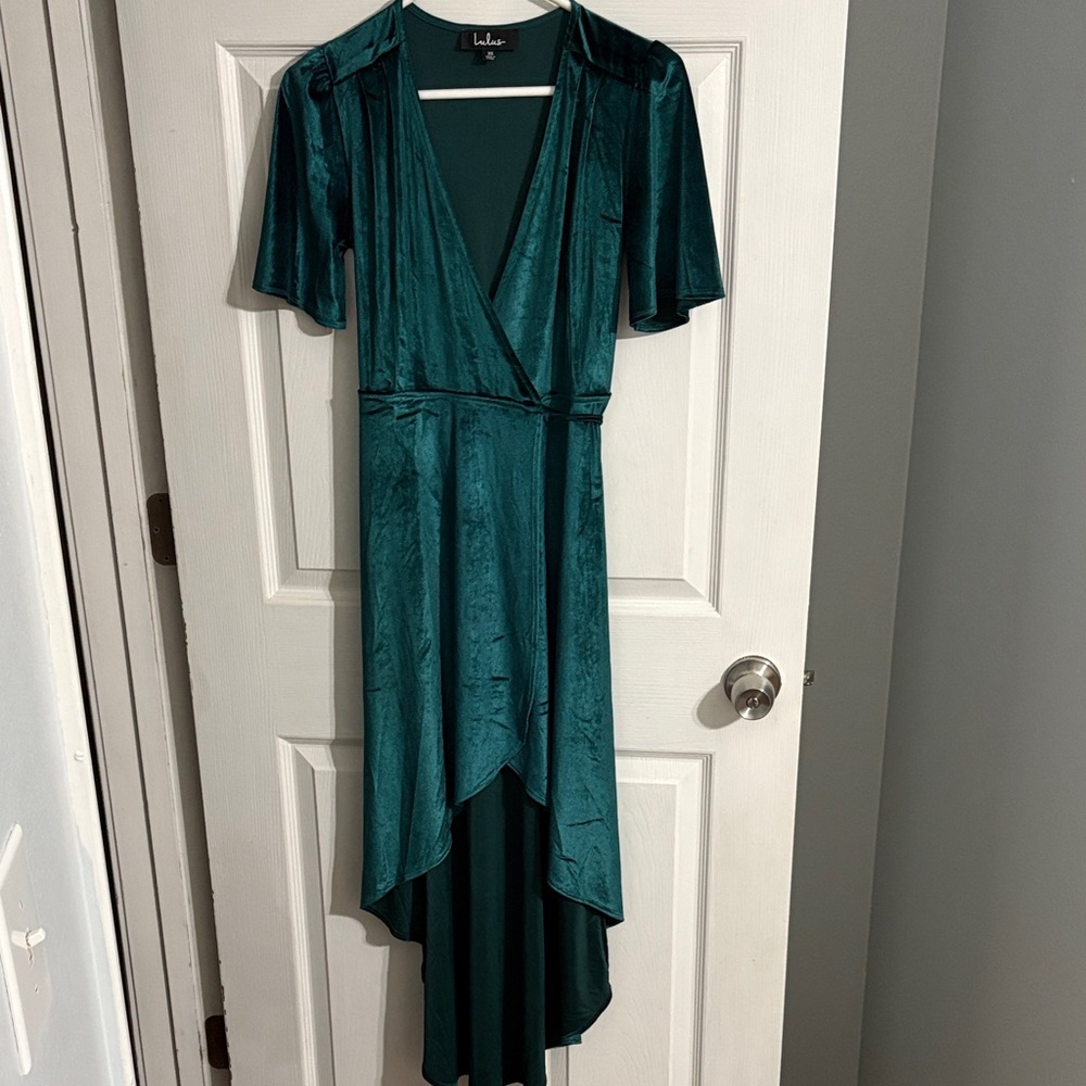 Lulu's Amour Emerald Green Velvet Wrap High-Low Dress Size XS